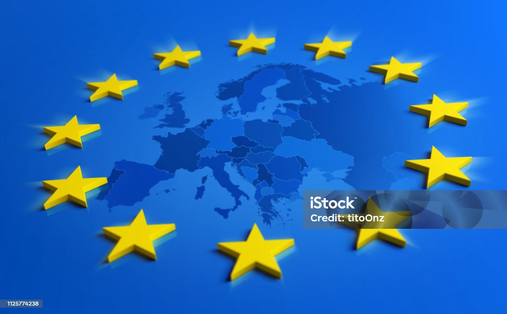 Europe blue flag with yellow stars and European Union map Europe blue flag and yellow stars with European Union map inside - 3D illustration European Union Stock Photo
