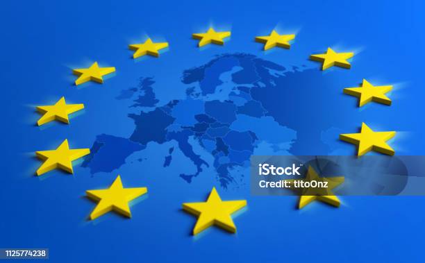 Europe Blue Flag With Yellow Stars And European Union Map Stock Photo - Download Image Now