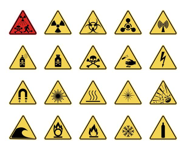 ilustrações, clipart, desenhos animados e ícones de sinal de perigo. conjunto de sinais de perigo alerta triangular - warning symbol danger warning sign electricity