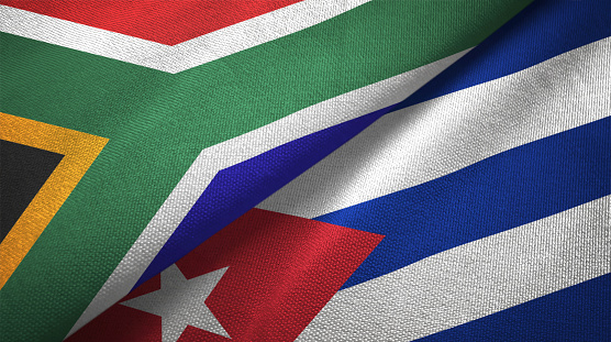 Cuba and South Africa flags together textile cloth, fabric texture