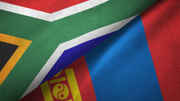 istock Mongolia and South Africa two flags together textile cloth, fabric texture 1125775831