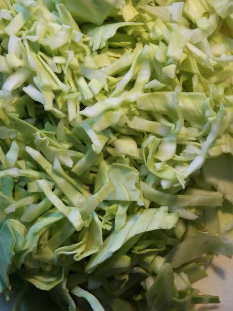 Full Frame Studio Image of Freshly Chopped Green Cabbage - Fresh Cabbage is ready to be Added to the Chef's Favorite Recipe - Healthy Foods - Garden Fresh Green Cabbage is already Chopped - Eat More Healthy Greens - Cooking with Fresh Cabbage fotografía libre de regalías - sólo algunos repollo picado - recién cortado verde col - verde hortalizas - fantástica comida fondos - picada repollo es listo para la sopa o stir fry - col de verde crujiente para la ensalada de col - aquí está el rep