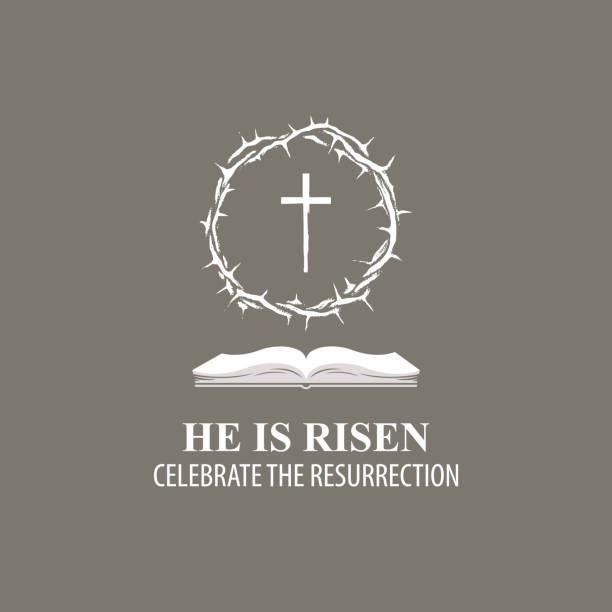 Easter banner with crown of thorns, cross and book Vector Easter banner with words He is risen, Celebrate the resurrection, with a crown of thorns, cross and open bible thorn wreath stock illustrations