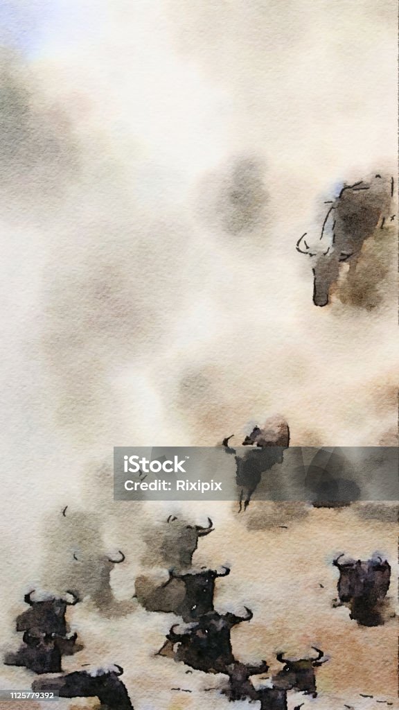 Wildebeest watercolour Wildebeest leap into the Mara River during the annual great migration. Digital watercolour. Wildebeest stock illustration