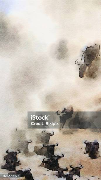 Wildebeest Watercolour Stock Illustration - Download Image Now - Wildebeest, Herd, Africa