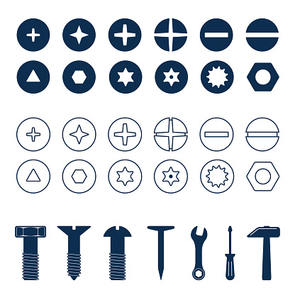 Bolts and screws heads set. Bolt and screw, nut top view, tools vector illustration.