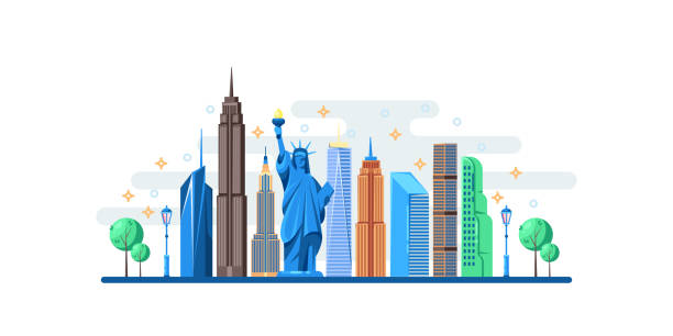 illustrazioni stock, clip art, cartoni animati e icone di tendenza di paesaggio urbano di new york con famosi punti di riferimento turistici. illustrazione piatta vettoriale. viaggia negli stati uniti con il design orizzontale del banner - brooklyn bridge taxi new york city brooklyn