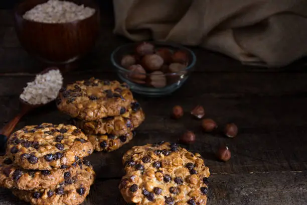 Photo of oats cookies with chocolate chips and hazelnuts