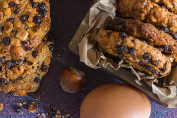 Photo of oats cookies with chocolate chips and hazelnuts