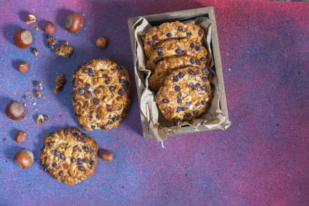 Photo of oats cookies with chocolate chips and hazelnuts