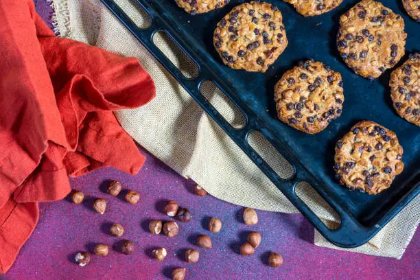 Photo of oats cookies with chocolate chips and hazelnuts