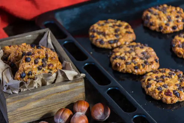 Photo of oats cookies with chocolate chips and hazelnuts