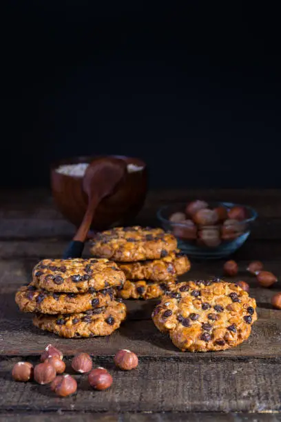 Photo of oats cookies with chocolate chips and hazelnuts