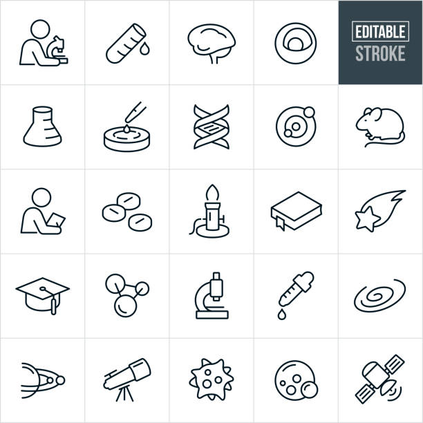 Science Thin Line Icons - Editable Stroke A set science icons that include editable strokes or outlines using the EPS vector file. The icons include scientists, science, test tube, lab beaker, brain, atom, nucleus, petri dish, DNA strand, lab rat, research, experiement, burner, shooting star, education, molecular structure, eye dropper, galaxy, solar system, virus, super bug, satelitte and planets. animal internal organ stock illustrations