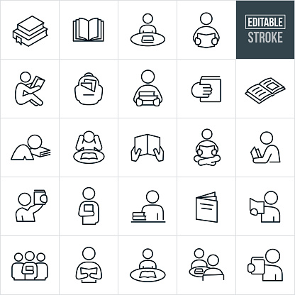 A set reading icons that include editable strokes or outlines using the EPS vector file. The icons include people reading, studying, books, text books, education, schooling and a backpack full of books to name a few.