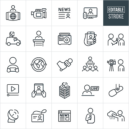 A set of news media icons that include editable strokes or outlines using the EPS vector file. The icons include broadcasters, news programs, news broadcasting, news camera, news story, television, satellite dish, radio, online news, satellite, world news, microphone, interview, press conference, video, broadcasting center, live broadcast and weather person to name a few.