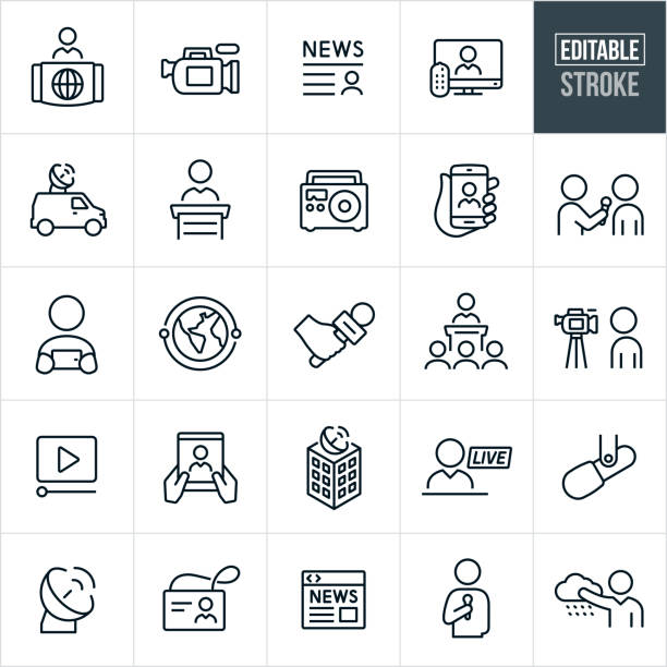 News Media Thin Line Icons - Editable Stroke A set of news media icons that include editable strokes or outlines using the EPS vector file. The icons include broadcasters, news programs, news broadcasting, news camera, news story, television, satellite dish, radio, online news, satellite, world news, microphone, interview, press conference, video, broadcasting center, live broadcast and weather person to name a few. desk symbols stock illustrations