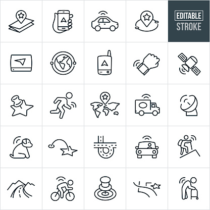 A set of GPS and navigation icons that include editable strokes or outlines using the EPS vector file. The icons include GPS, navigation, map, smartphone, car using navigation, map marker, GPS device, watch, satellite, satellite dish and tracking devices. They also include GPS tracking for sports, hiking, pets, cycling and the elderly.