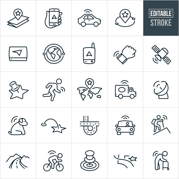 GPS and Navigation Thin Line Icons - Editable Stroke A set of GPS and navigation icons that include editable strokes or outlines using the EPS vector file. The icons include GPS, navigation, map, smartphone, car using navigation, map marker, GPS device, watch, satellite, satellite dish and tracking devices. They also include GPS tracking for sports, hiking, pets, cycling and the elderly. on the move stock illustrations