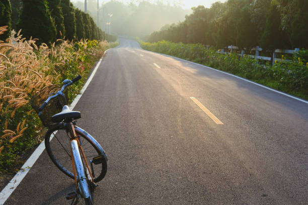 istock bicycle parking beside road with morning sunrise 1125786490