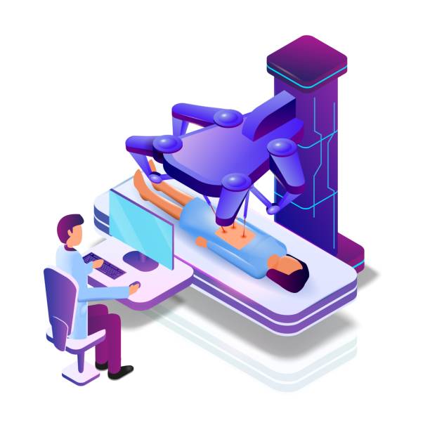 illustrazioni stock, clip art, cartoni animati e icone di tendenza di operazione vettoriale paziente con robot medico - chirurgia robotica