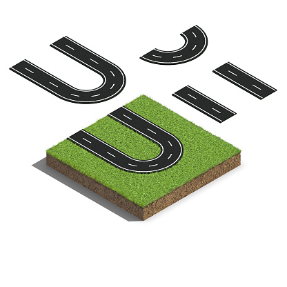 3D rendering of isometric landscape tiles with grass and soil, cubical land cross section with underground earth isolated white background