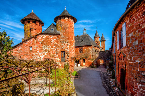 Collonges-la-Rouge, red brick houses and towers of the Old Town, France stock photo