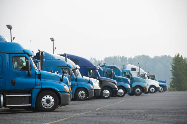 perfiles de diferentes grandes plataformas camiones semi de pie en fila en el estacionamiento - fleet of vehicles fotografías e imágenes de stock