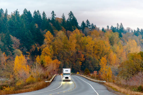 White big rig semi truck transporting goods on the winding autumn wet raining road at twilight White Big rig semi truck with covered semi trailer driving on winding raining wet road with autumn trees in twilight evening time going for delivery commercial cargo to point of destination truck in rain stock pictures, royalty-free photos & images