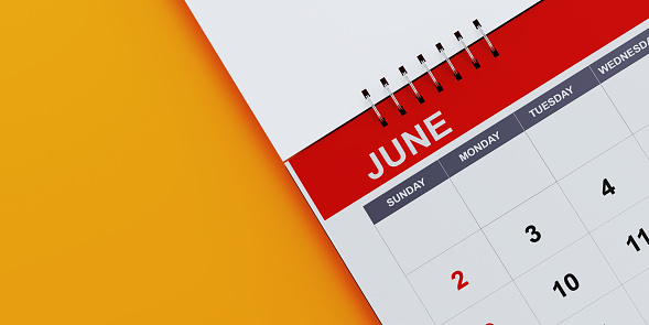 Red June 2019  calendar on yellow background. Horizontal composition with copy space. Calendar and reminder concept.