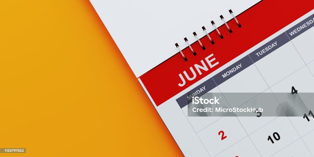 Red June 2019 Calendar On Yellow Background Red June 2019  calendar on yellow background. Horizontal composition with copy space. Calendar and reminder concept. Calendar Stock Photo