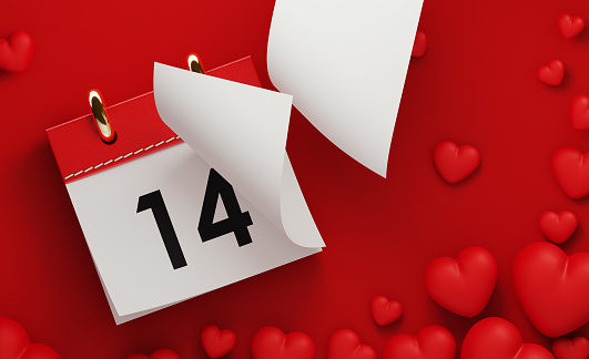 Valentine's day calendar with red hearts on red background. Horizontal composition with  copy space. Valentine's Day concept.