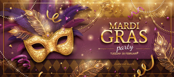 Mardi Gras party banner Mardi Gras party banner design with golden masks and purple feathers in 3d illustration mardi gras stock illustrations