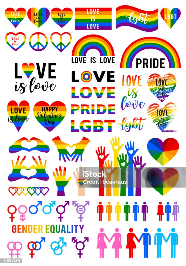 Love is love, rainbow flag, lgbt pride, vector set Love is love, LGBT, gay, pride, rainbow flag, heart symbols, hand signs, gender icons, set of vector graphic design elements Pride stock vector