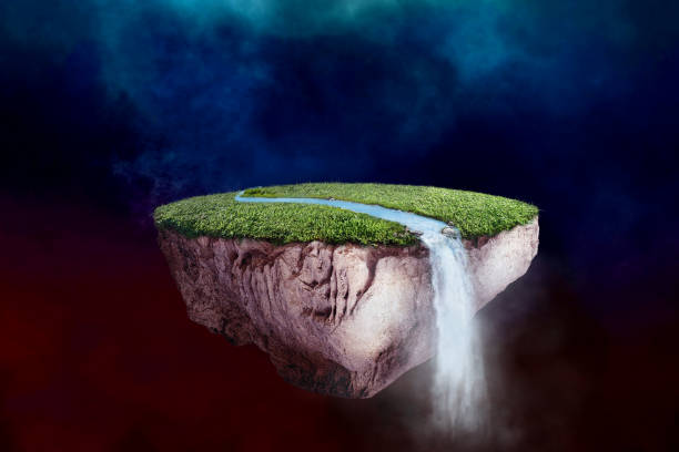 istock fantasy floating island with river stream on green grass in nebula background 1125803328