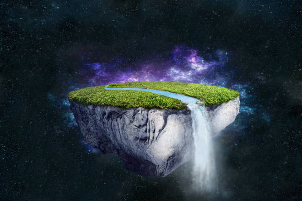 istock fantasy floating island with river stream on green grass in nebula background 1125803332