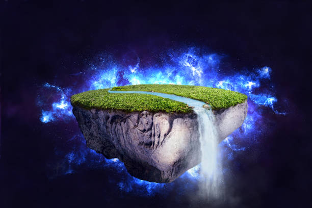istock fantasy floating island with river stream on green grass in nebula background 1125803336