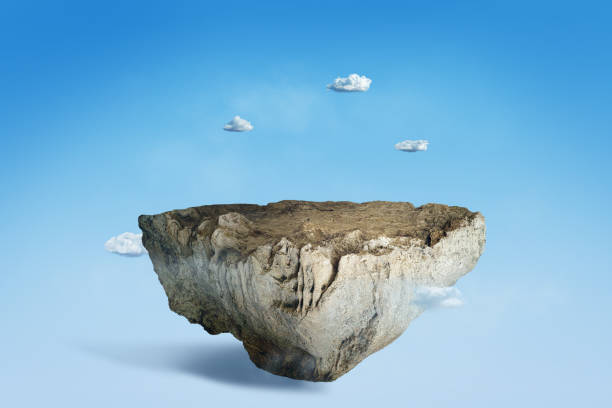 istock fantasy floating rocky island on top of blue sky 1125803363