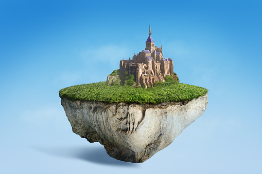 Fantasy floating island with castle in the sky, surreal flying island with green grass ground 3D illustration