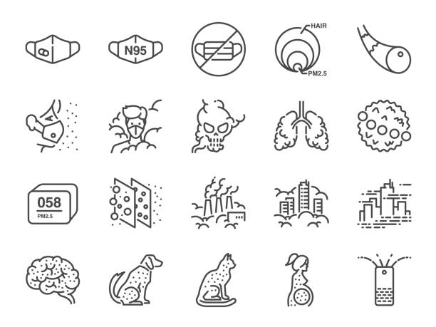 ilustrações de stock, clip art, desenhos animados e ícones de pm2.5 air pollution line icon set. included icons as smoke, smog, pollution, factory, dust and more. - factory pollution smoke smog