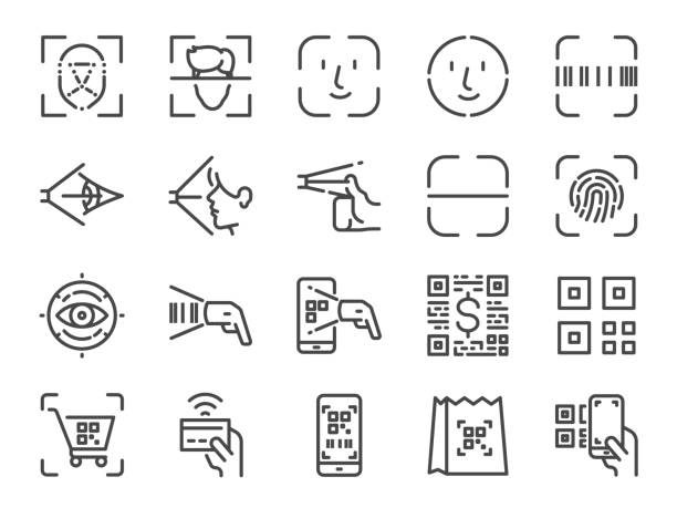 Scan to pay line icon set. Included icons as face id, scanner, qr code, barcode, shopping and more. Scan to pay line icon set. Included icons as face id, scanner, qr code, barcode, shopping and more. bar code reader stock illustrations