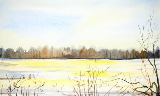 istock Watercolor winter landscape. Snow-covered valley and trees 1125811470