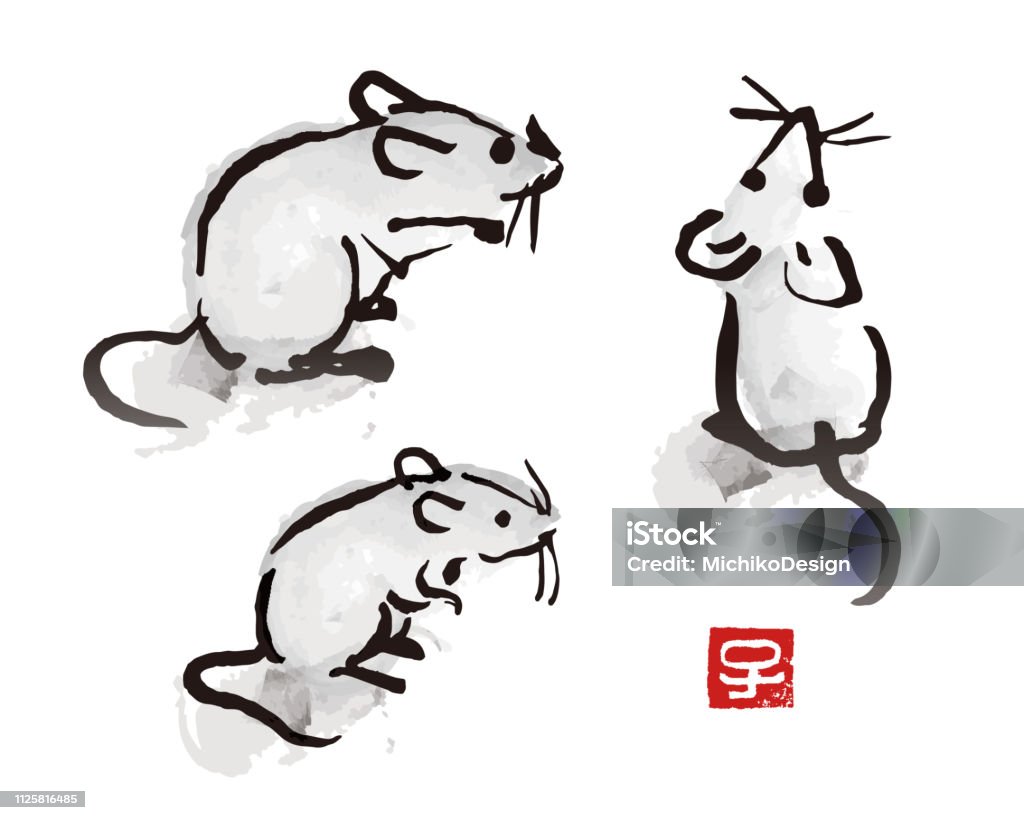 L’encre de Chine brosse peinture illustration souris et rat - clipart vectoriel de Souris - Animal libre de droits