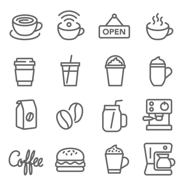 illustrations, cliparts, dessins animés et icônes de café café vecteur ligne jeu d’icônes. contient des icônes dans le café chaud, ฺbeans, machine à café, hamburger et plus encore. accident vasculaire cérébral étendu - coffee cup cappuccino food
