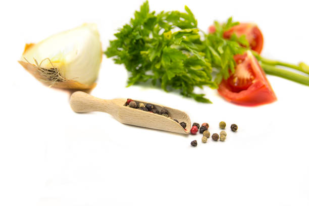 Fresh Tomatoes, Onion, Garlic and Parsley on white background