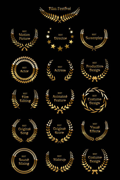 golden glänzende auszeichnung lorbeerkränze auf schwarzem hintergrund isoliert. vektor-filmpreis-design-elemente. - jury entertainment stock-grafiken, -clipart, -cartoons und -symbole