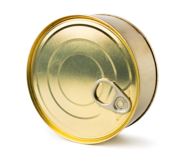 Flat metal tin can on a white, isolated.
