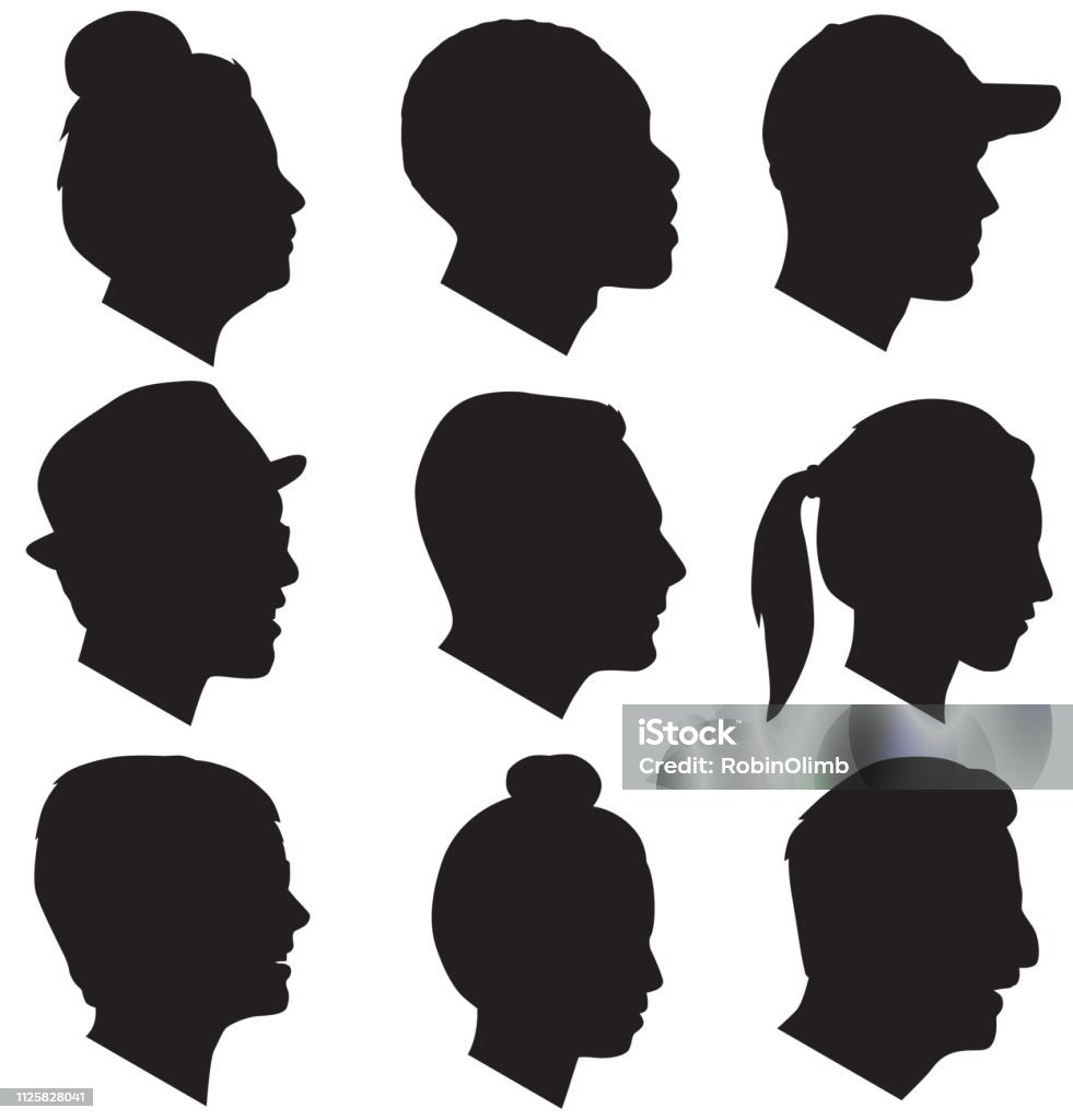 Adult Head Silhouettes Vector silhouettes of nine adult head silhouettes. Profile View stock vector