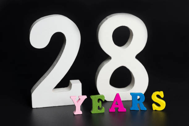 istock Letters and numbers twenty-eight years on a black background. 1125828151