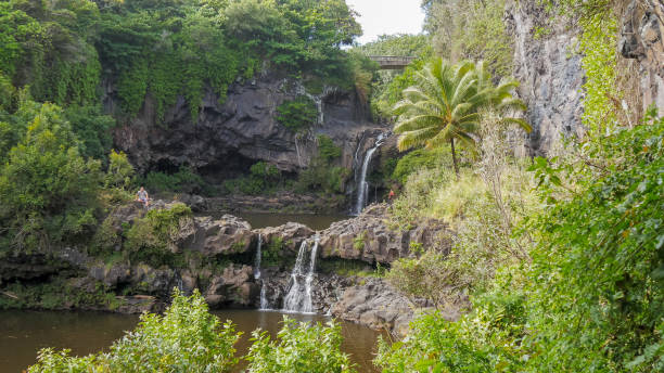 deux piscines et cascades aux célèbres sept bassins sacrés dans le ravin d’oheo - hawaii islands maui hana road photos et images de collection